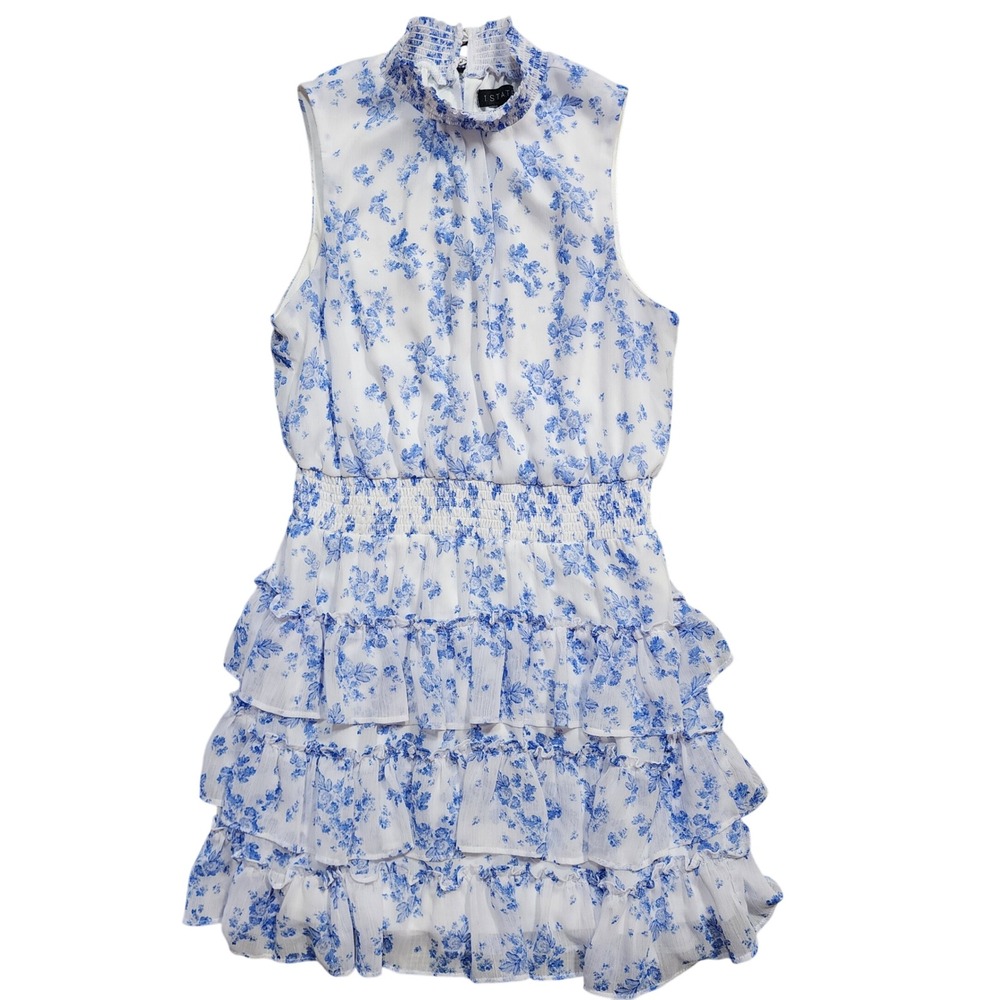 1.STATE Floral Smocked Mock Neck Ruffle Tiered Mini Dress Blue White Size M